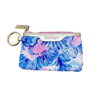 New Lilly Pulitzer Blue and Pink ID Case Key Chain Wallet Gold Tone Zip Closure